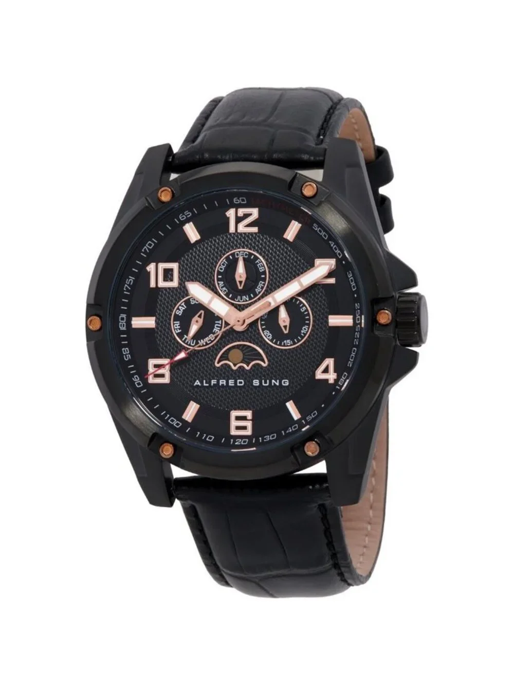 NWT Alfred Sung Astral Quartz Moon Phase Black Dial Men's Watch
